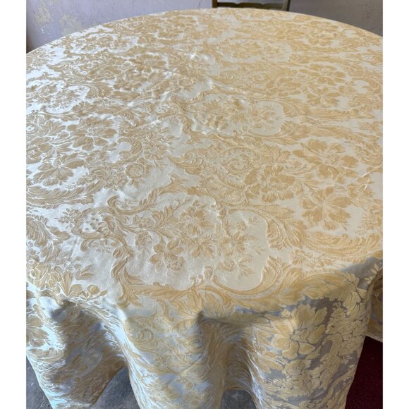 Waterford Tablecloth Gold Yellow Shimmery Damask 86" Round - Picture 2 of 12